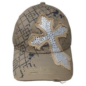 Cross Rhinestone Bling Slideback Hat Beige One Size Adjustable Leader